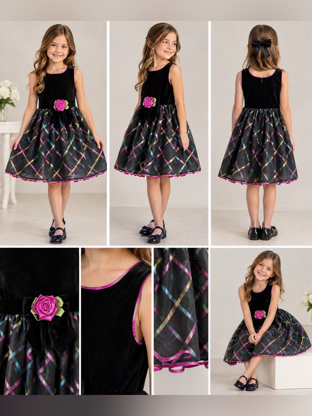 Bonnie Jean Black Velvet Dress with Pink and Multicolor Trim